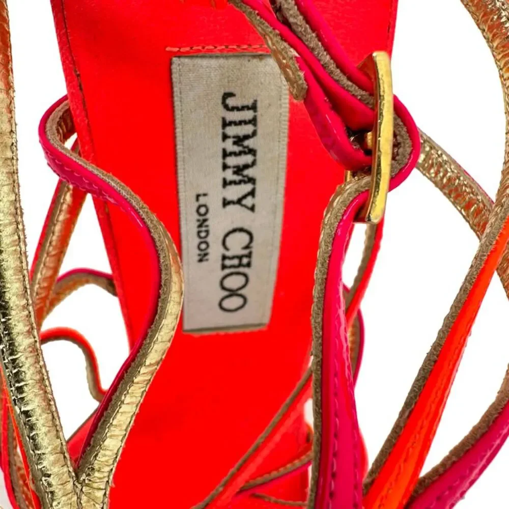 Jimmy Choo Strappy Sandal Heels in Neon Orange and Pink Leather